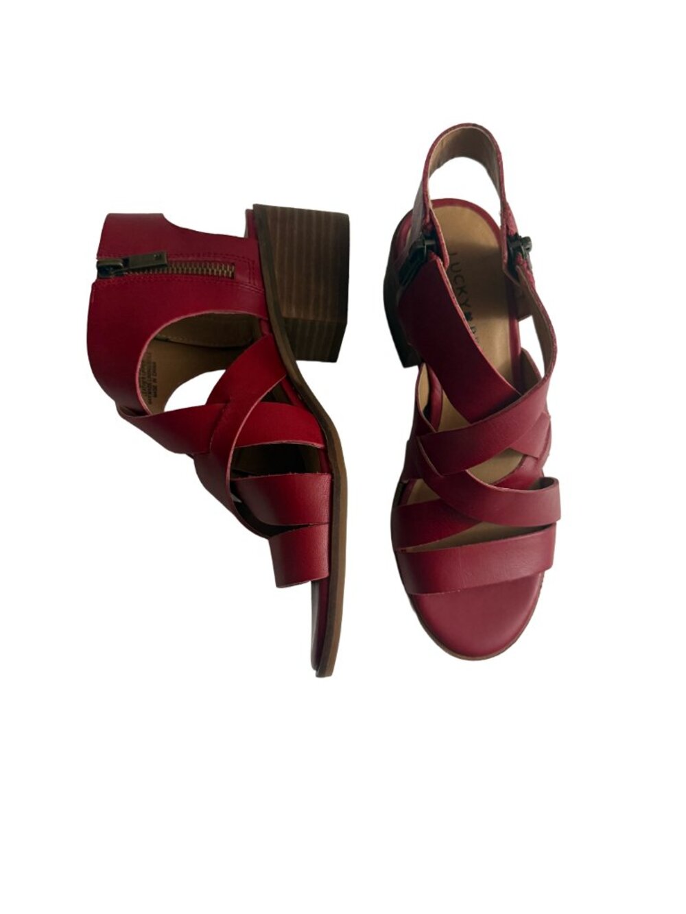 LUCKY BRAND Rich Garnet Red Leather Strappy Sandals Block Heel Size US 5M /EU 35 - Picture 8 of 15